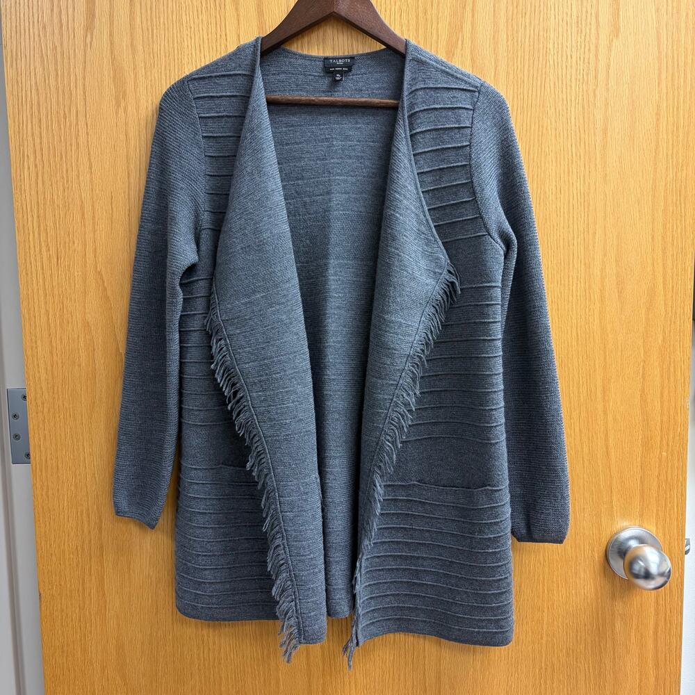 Talbots Gray 100% Merino Wool Open Front Fringe Cardigan Western Boho Minimal MP